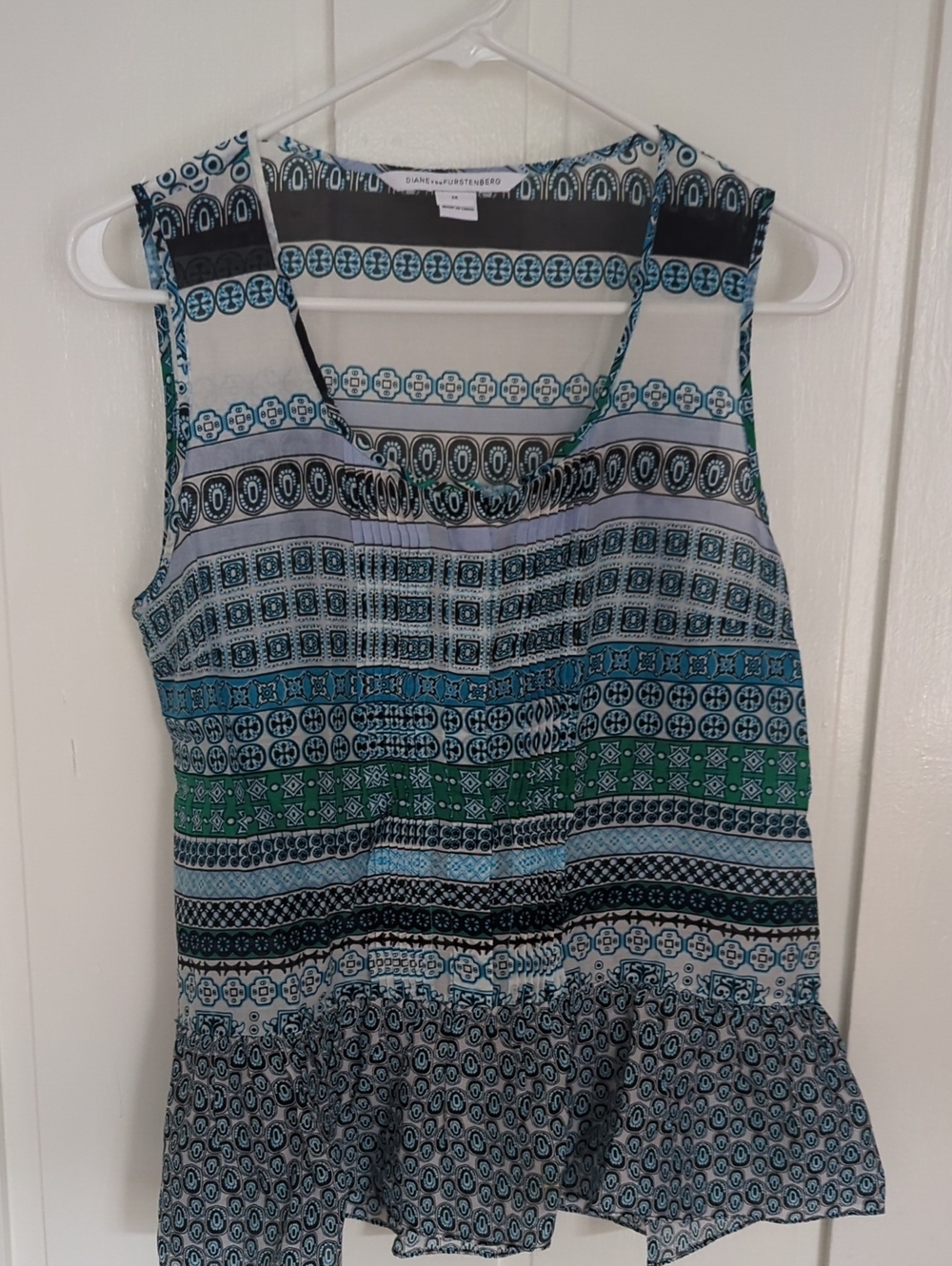 Diane Von Furstenberg Silk/Cotton Blue, Teal & Green Patterned Sleeveless Peplum